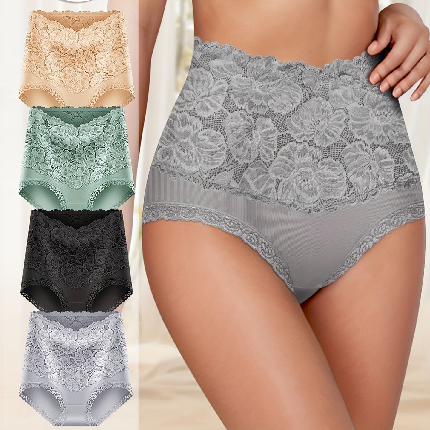 New Women's Floral Lace High Waist Hip Lifting Cotton Briefs-1