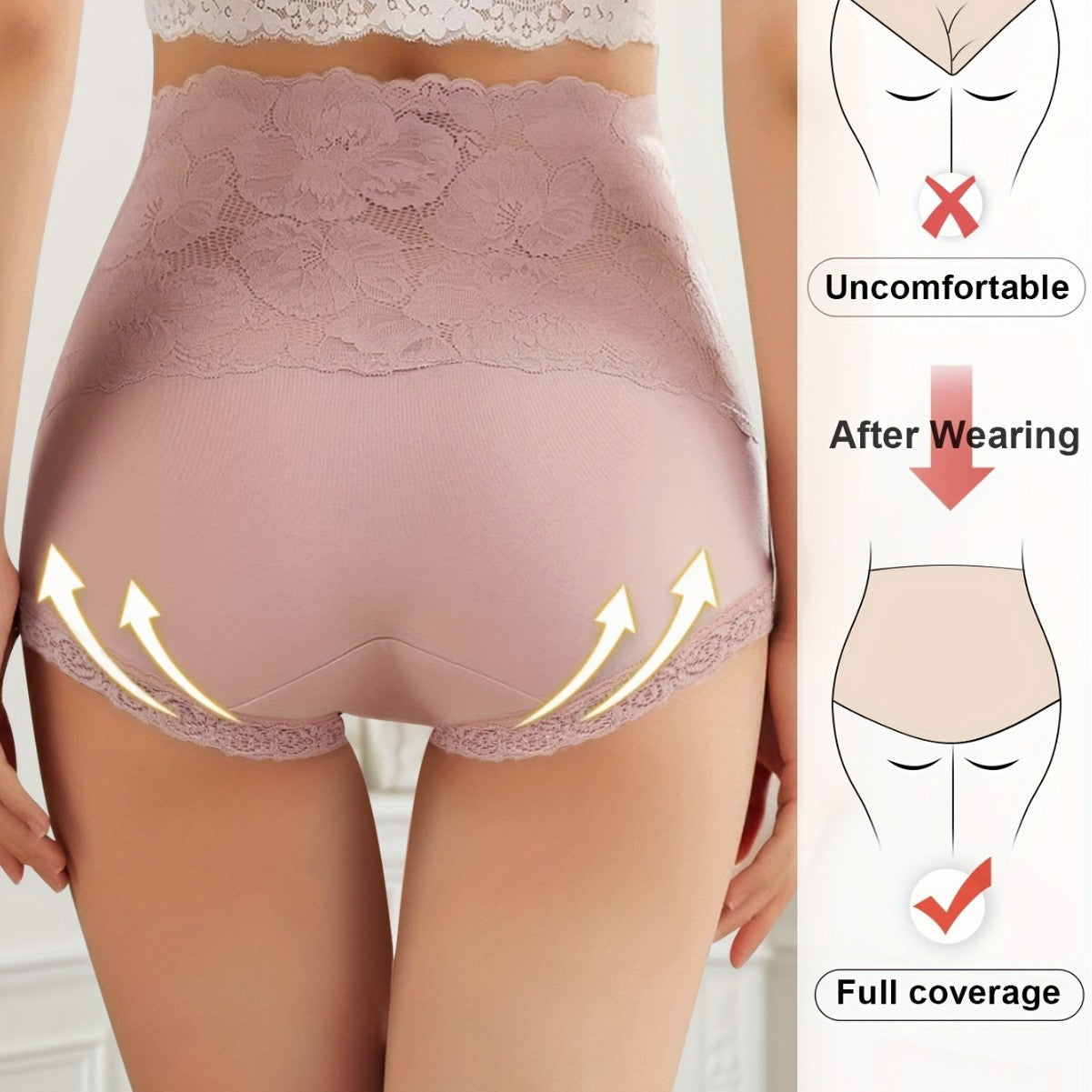 New Women's Floral Lace High Waist Hip Lifting Cotton Briefs-2