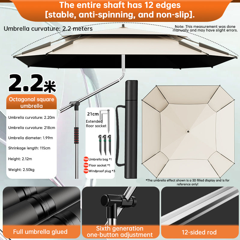 2.0-2.6m Octagonal Fishing Umbrella Portable Beach Sun Shade Camping Parasol UV Waterproof with Carry Bag-3