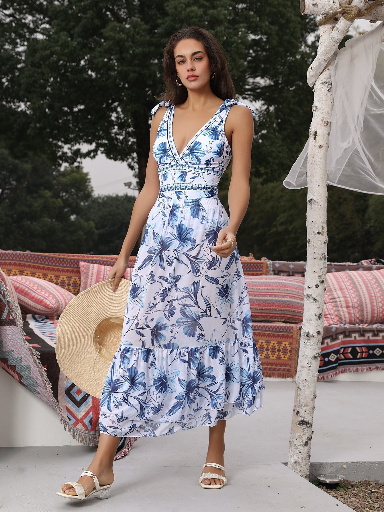 V Neck Lace Up Strip Plant Prints One Piece Swimsuit and Skirt/Sarong-10
