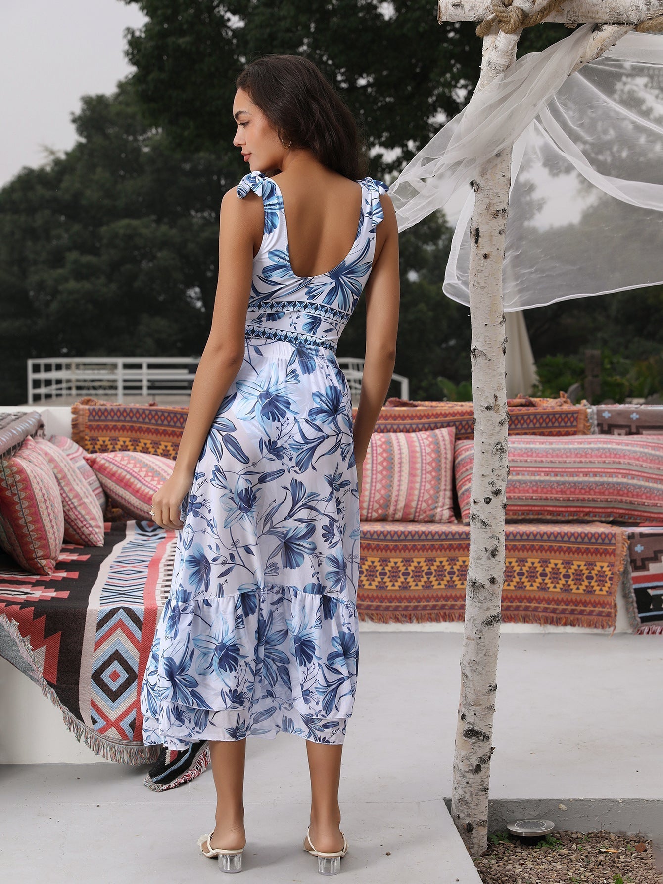 V Neck Lace Up Strip Plant Prints One Piece Swimsuit and Skirt/Sarong-4
