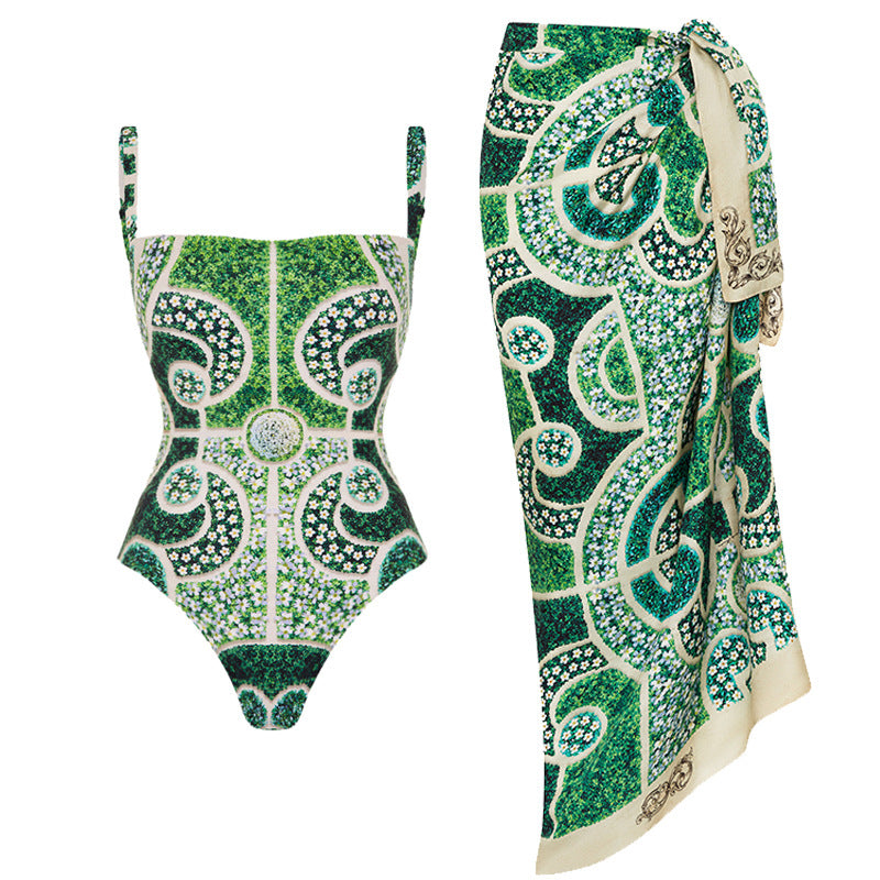 Printed Slim-Fitting One-Piece Swimsuit for Women with Skirt Design-3
