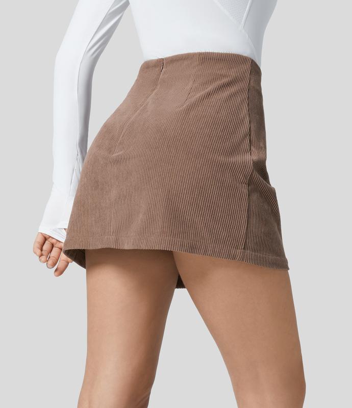High Waisted Invisible Zipper 2-in-1 Mini A-line Corduroy Casual Skirt-6