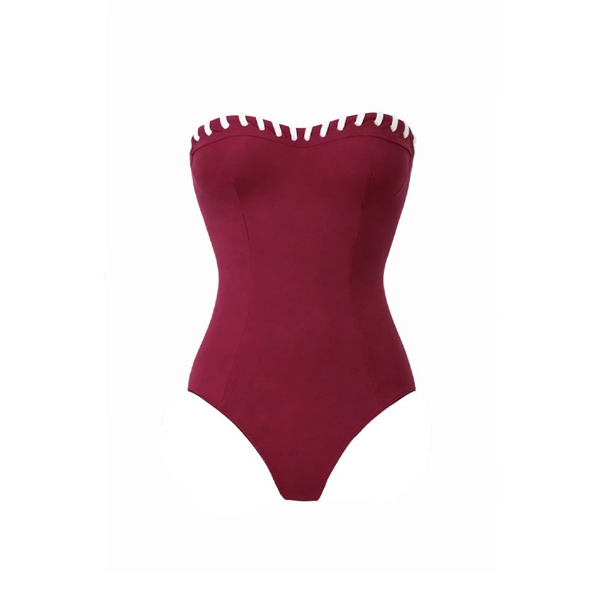 Wine Red Unique Design Strapless One-piece Swimsuit Set with Wrap Skirt for Women-5