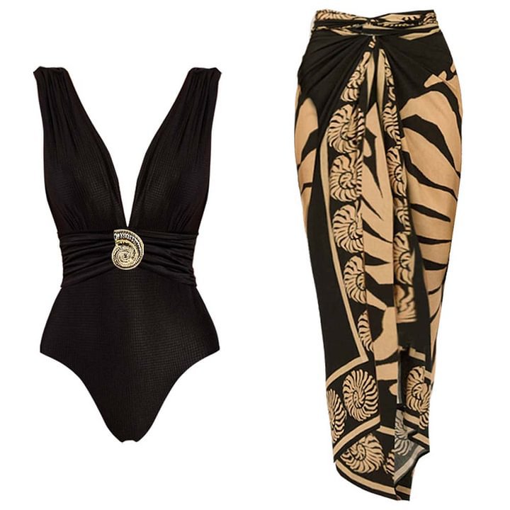 Solid Color V-neck  Fitted Waist  Slimming One-piece Swimsuit Set  Long Dress-1