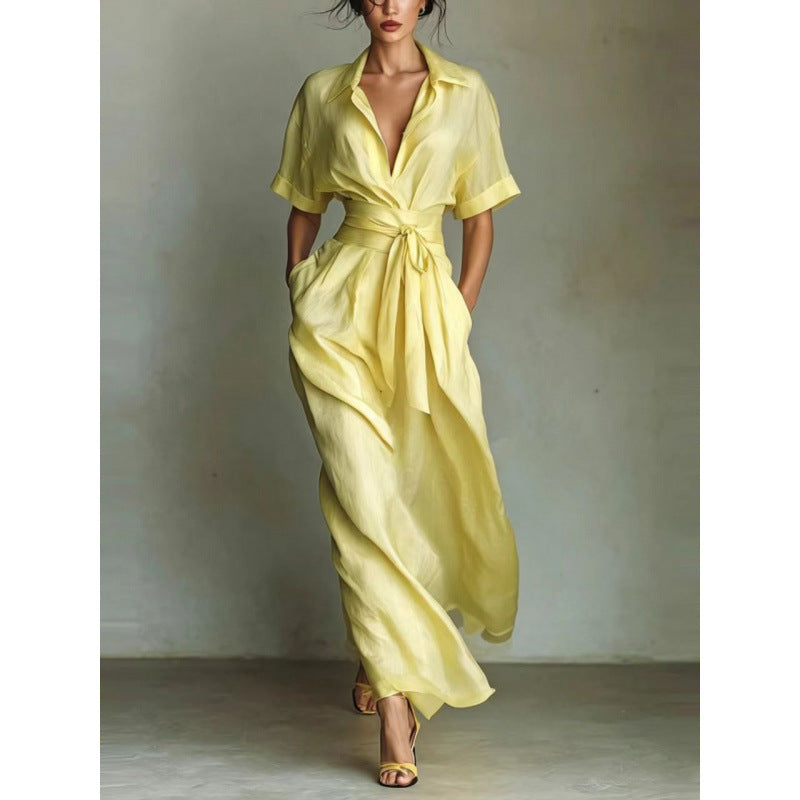 Solid color waist slimming dress-4