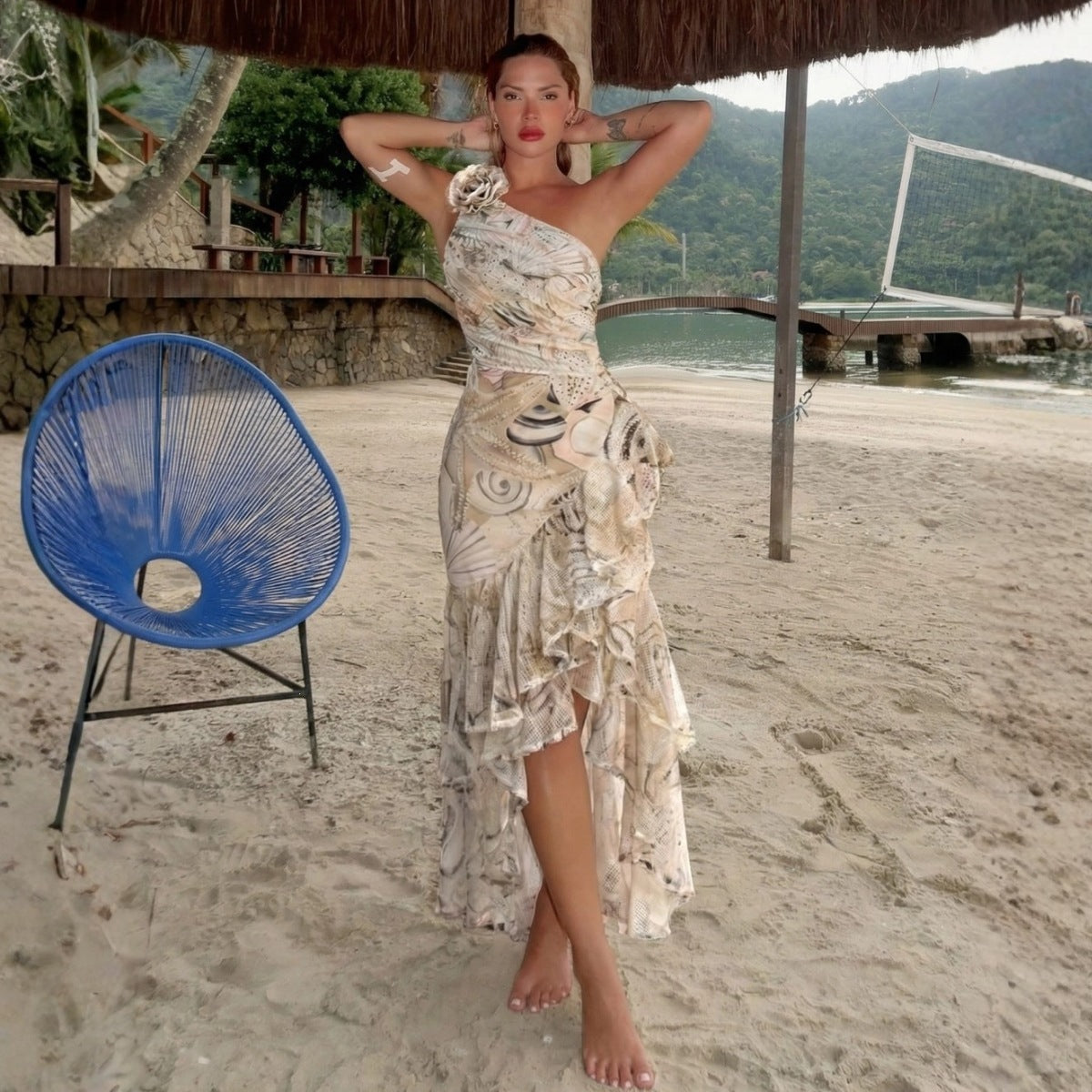One-shoulder Pure Desire Vacation One-piece Swimsuit Set for Women, Bikini with Wrap Skirt