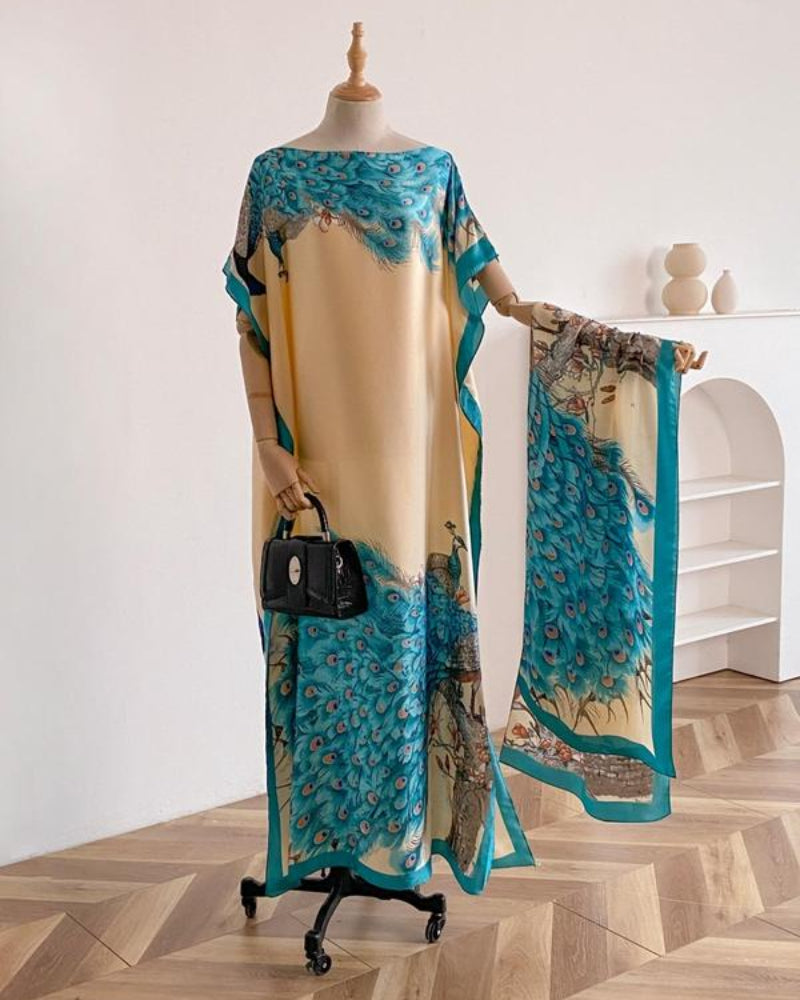 Women's Peacock Print Cape Shawl & Scarf Set – Elegant Beach Swim Cover-Up-3