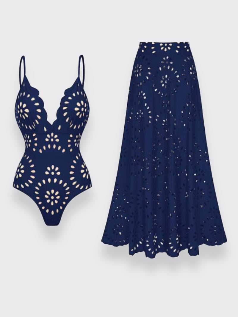 Flower Hollow One Piece Swimsuit and Skirt-21