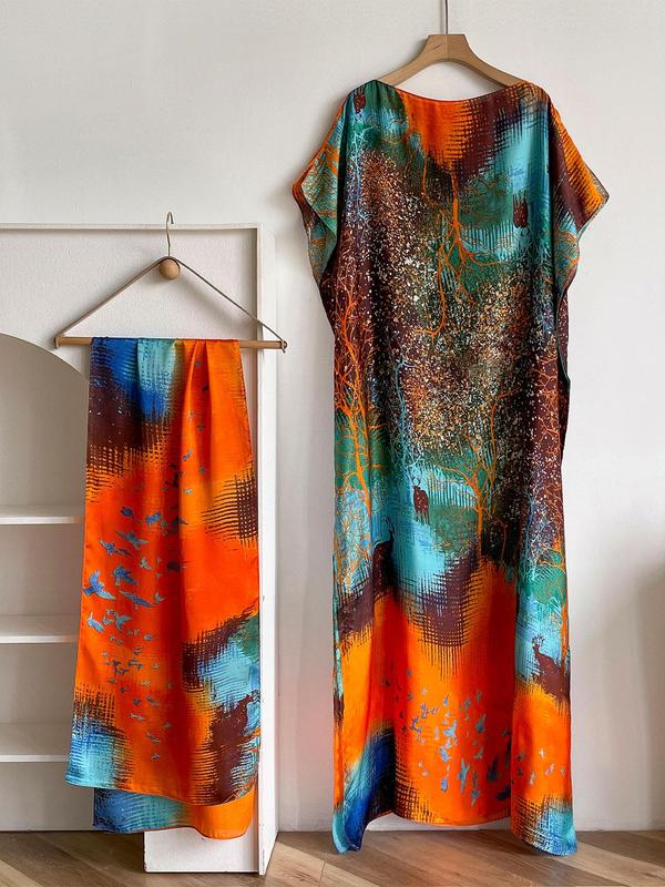 Women's Peacock Print Cape Shawl & Scarf Set – Elegant Beach Swim Cover-Up-15