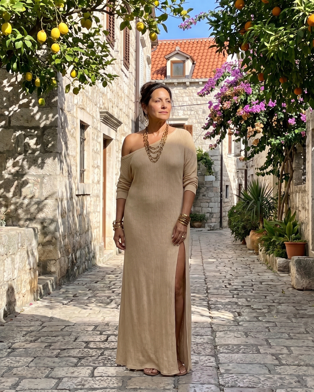 Asterelle | One Shoulder Side Slit Flowing Midi Dress-12