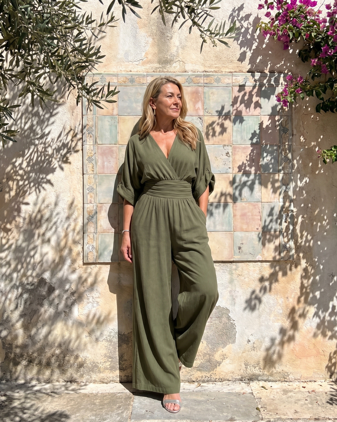 Emene | Draped V Neck Wide Leg Relaxed Jumpsuit-9