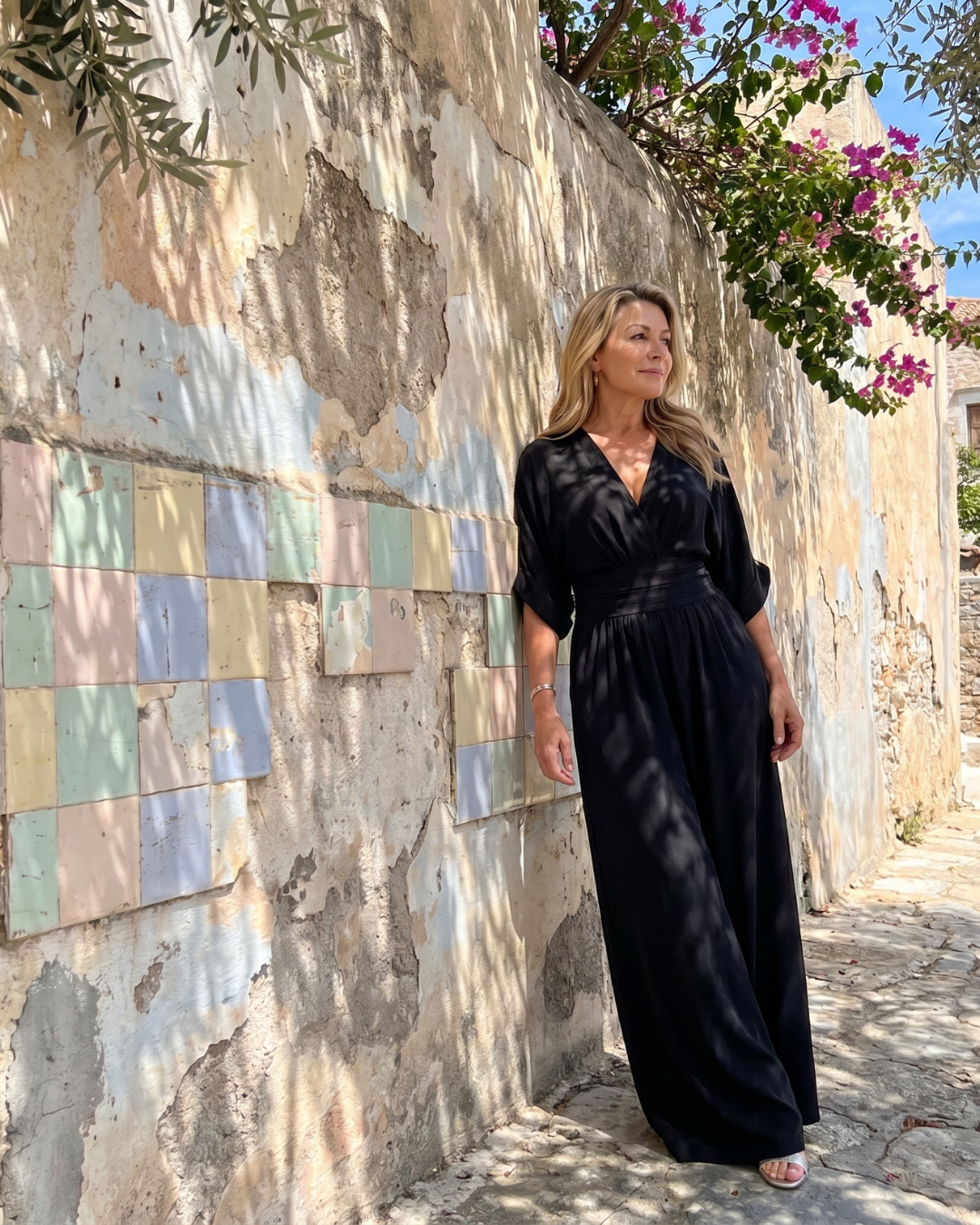 Emene | Draped V Neck Wide Leg Relaxed Jumpsuit-12