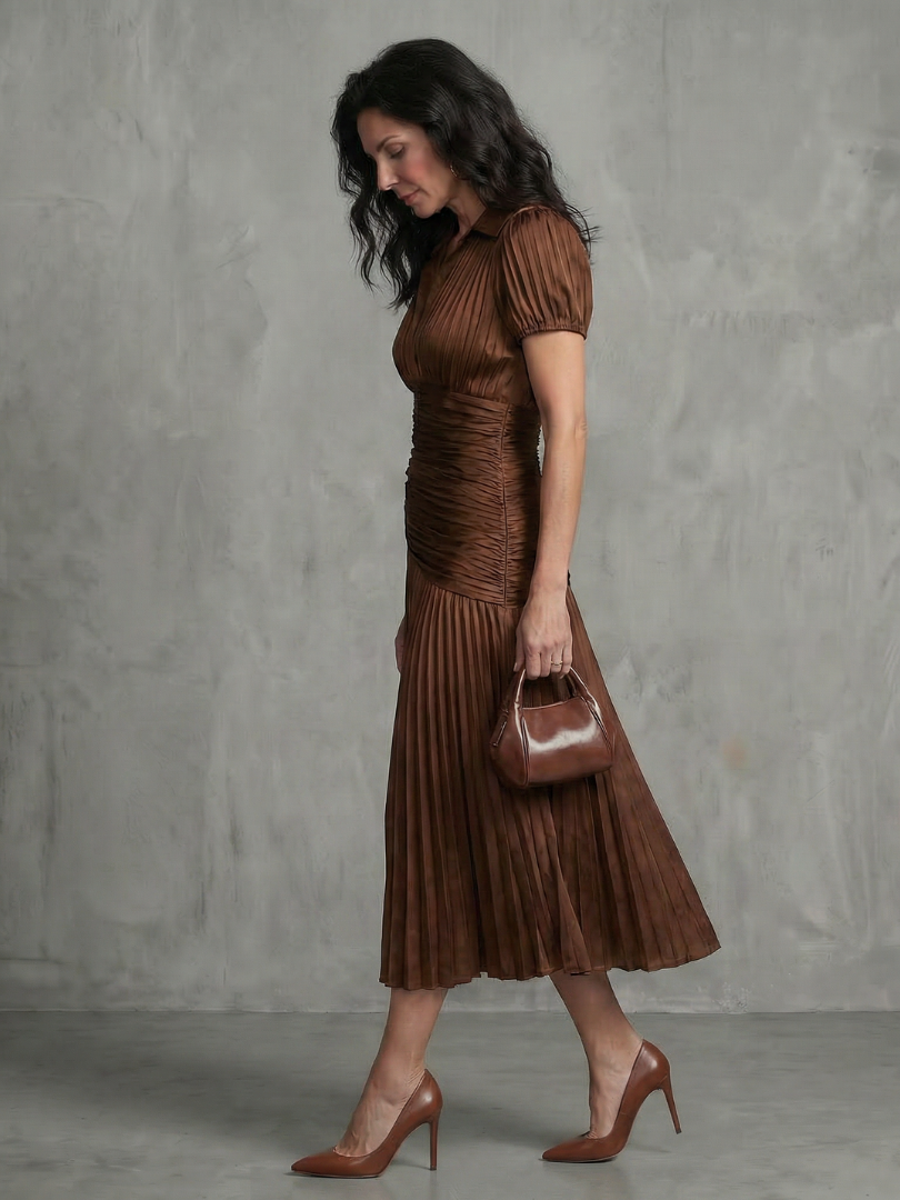 Theodora | Pleated Waistline Stripe Midi Dress-10