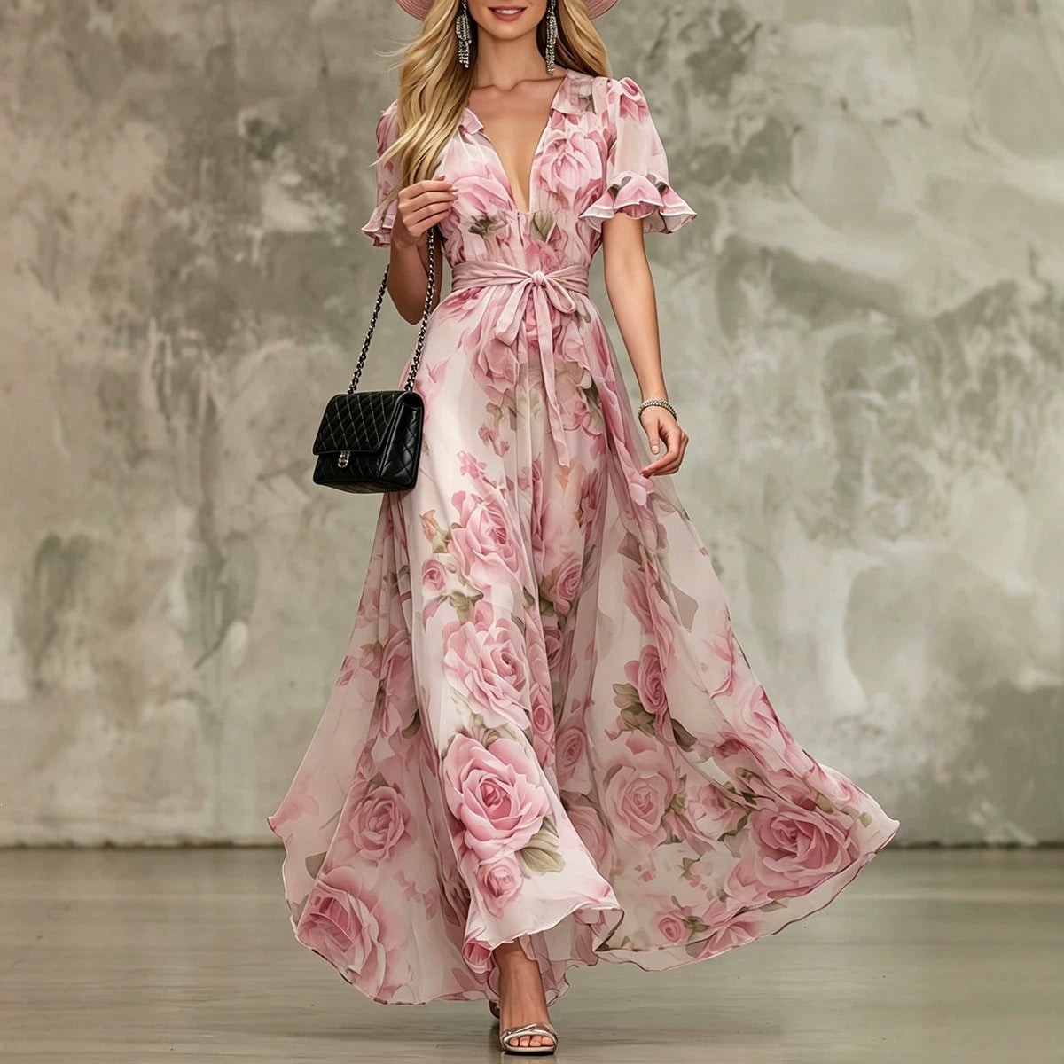 Deep V-neck ruffle sleeve printed dress-2