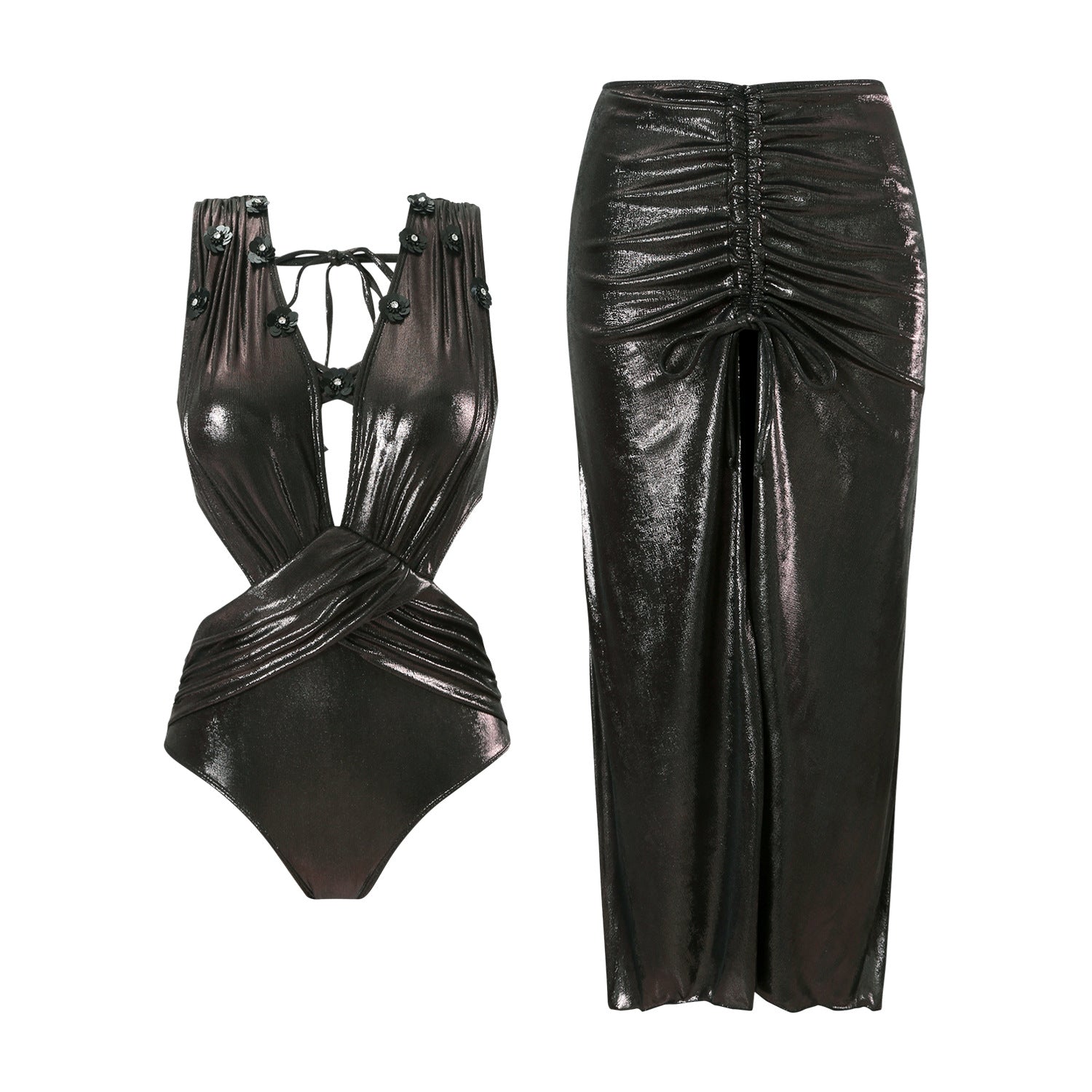 V-neck Hollow Sexy Glow Fabric One-piece Swimsuit with Slit Skirt for Women