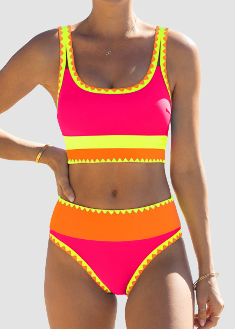 Color Contrast Patchwork Nylon Sporty 3 Piece Bikini Sets-14
