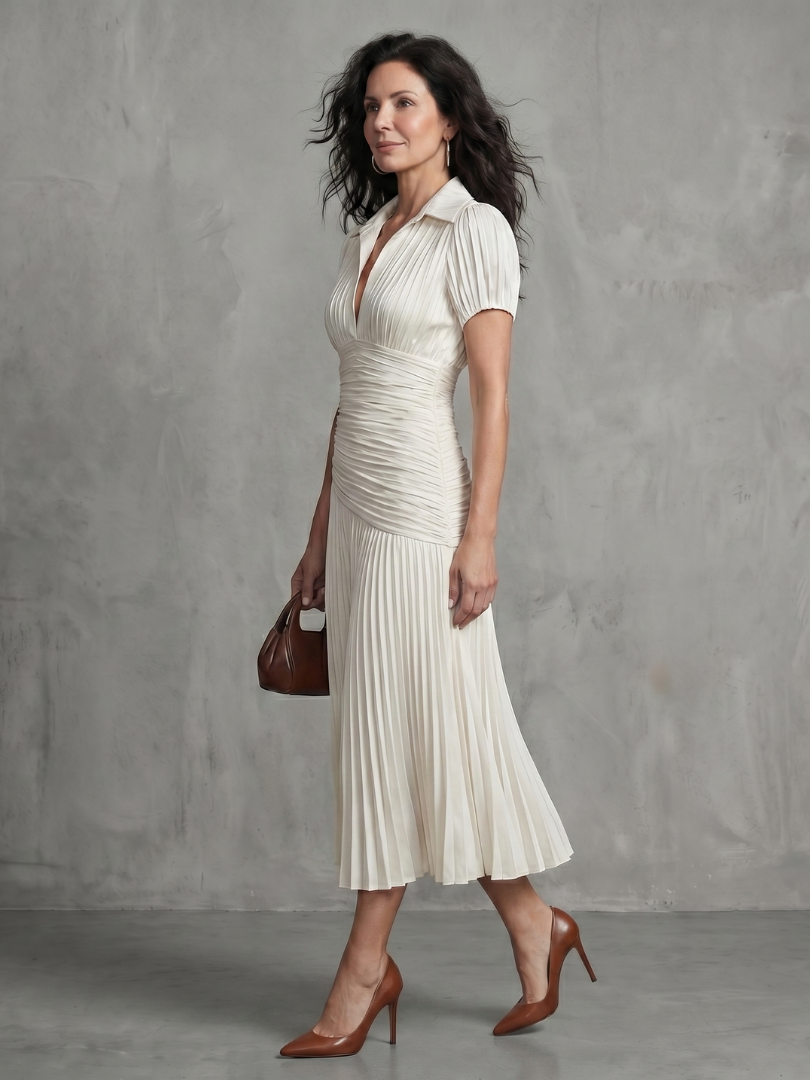 Theodora | Pleated Waistline Stripe Midi Dress-13
