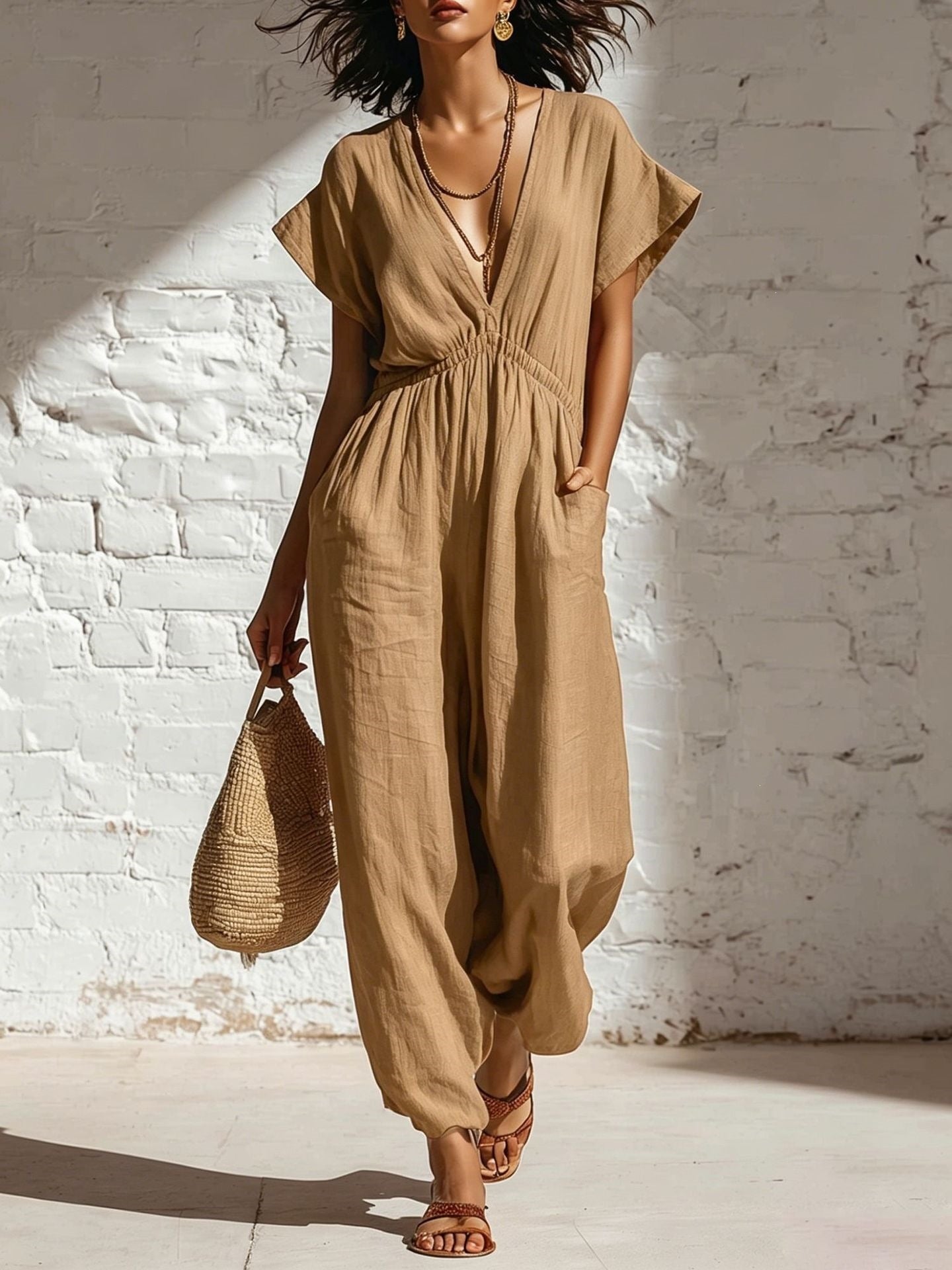 Deep V-neck loose fit pants for women-5