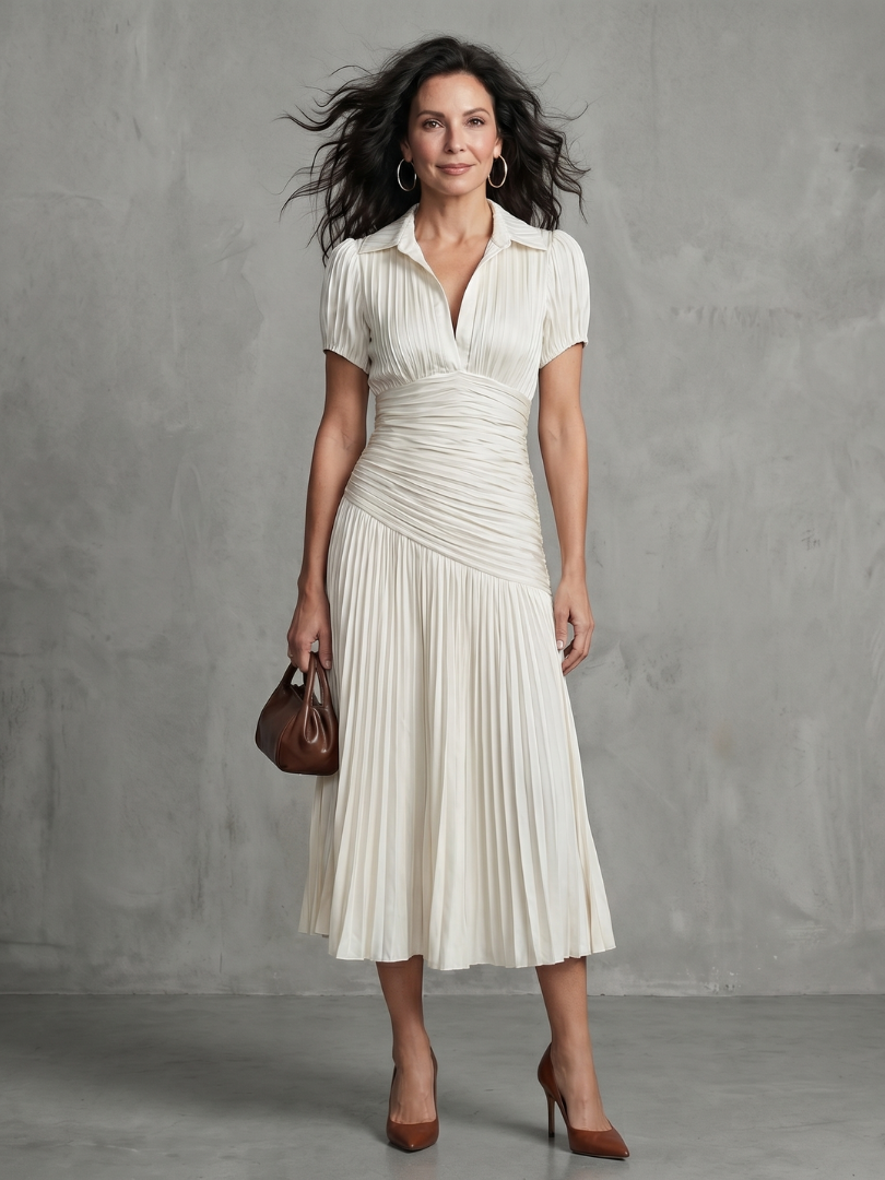 Theodora | Pleated Waistline Stripe Midi Dress-12