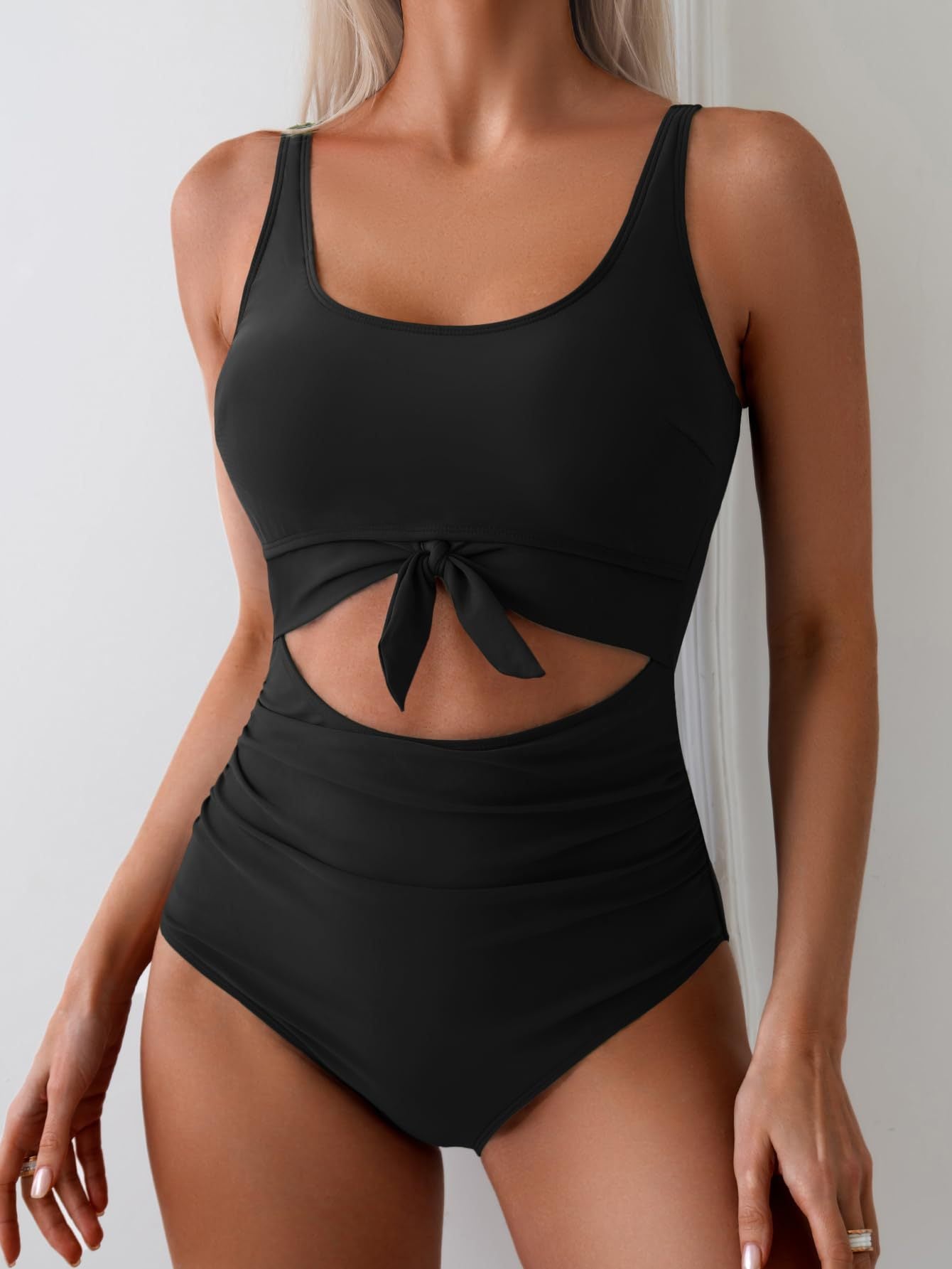 Women's One Piece Tummy Control Cut Out Tie Knot Swimsuit-4