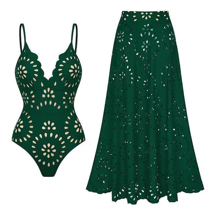 Flower Hollow One Piece Swimsuit and Skirt-22