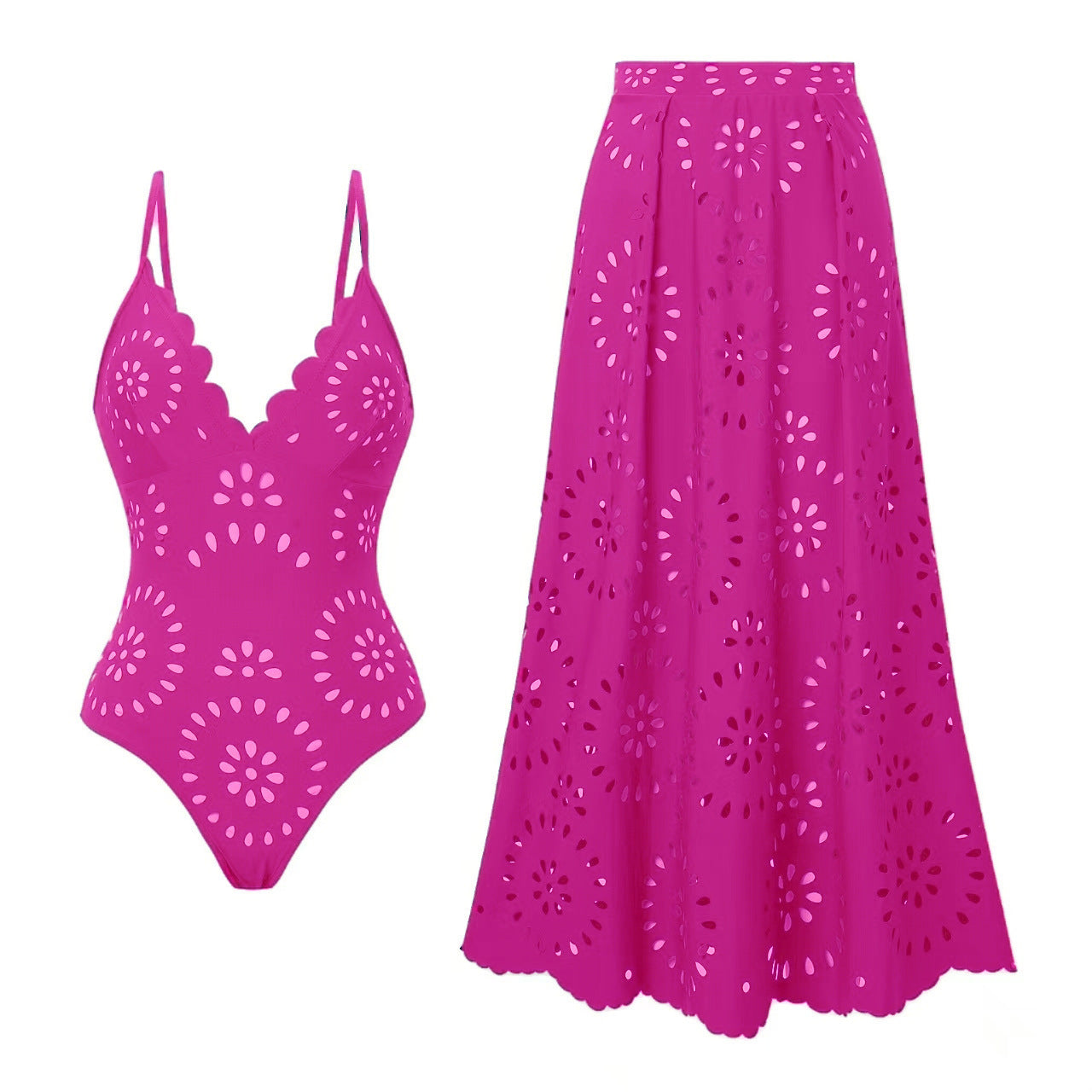Flower Hollow One Piece Swimsuit and Skirt-23