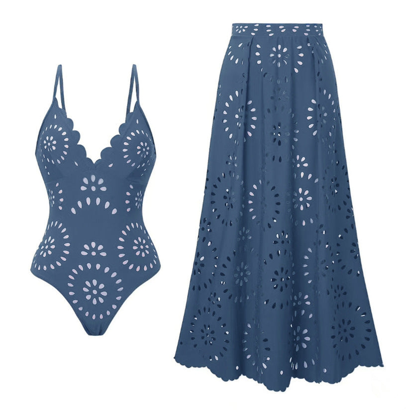 Flower Hollow One Piece Swimsuit and Skirt-24