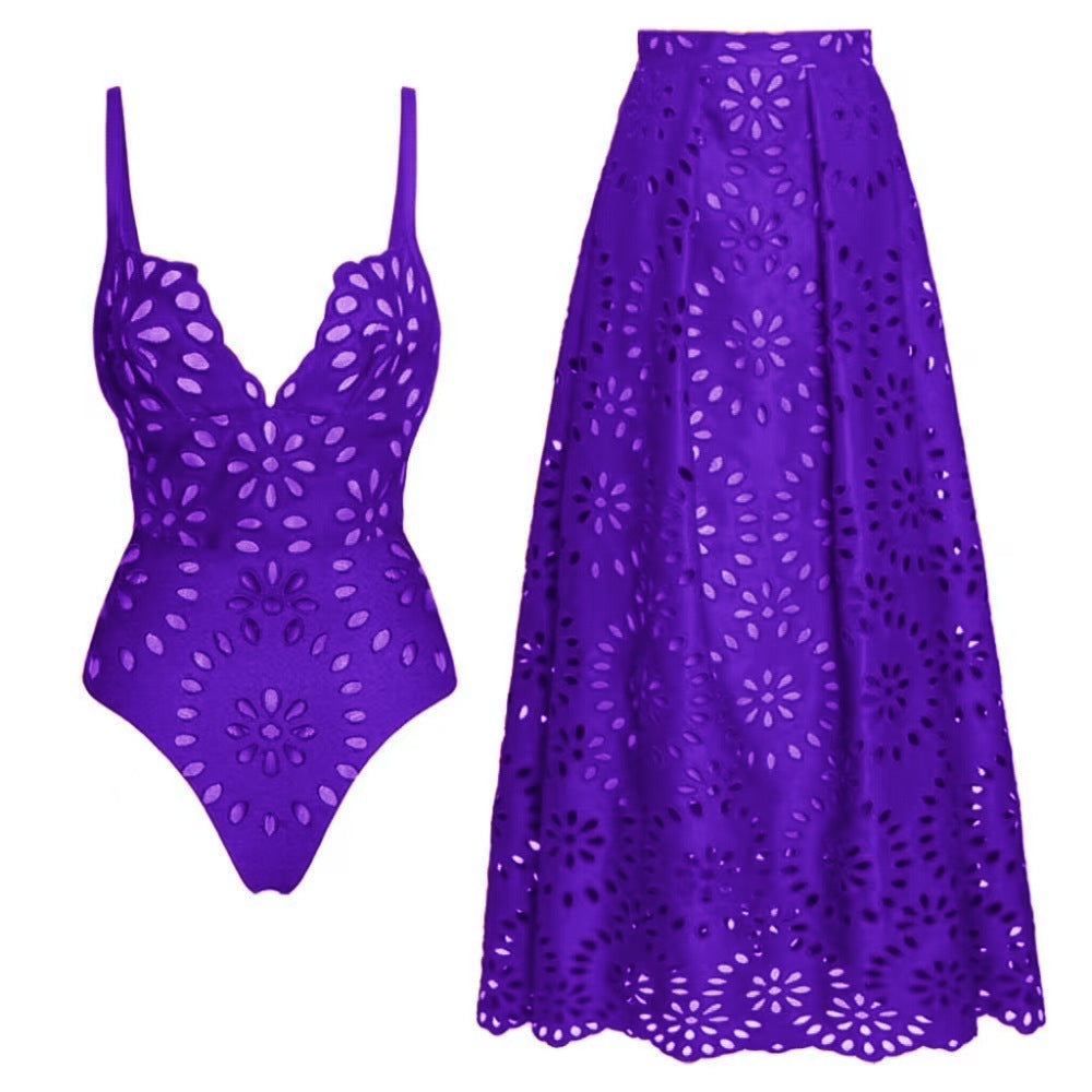 Flower Hollow One Piece Swimsuit and Skirt-25