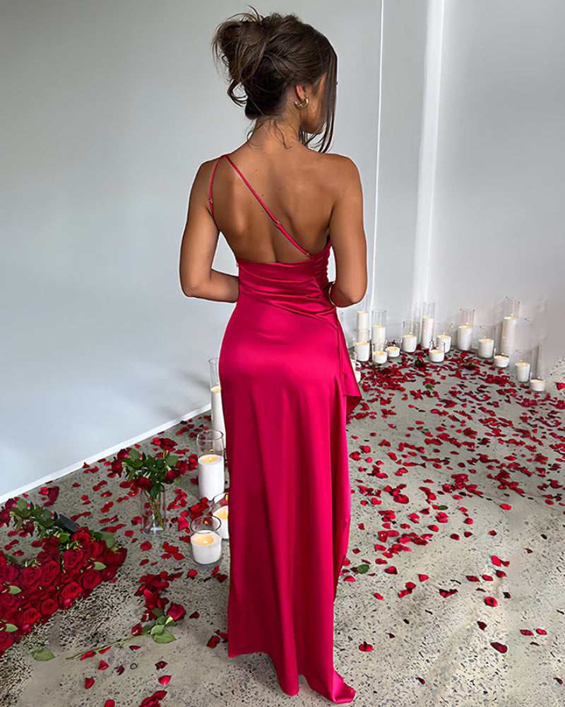 Women's Sexy One Shoulder Satin High Split Cocktail Fit Wedding Party Maxi Formal Dress-3