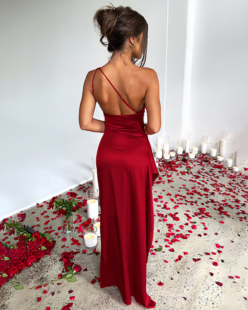 Women's Sexy One Shoulder Satin High Split Cocktail Fit Wedding Party Maxi Formal Dress-15