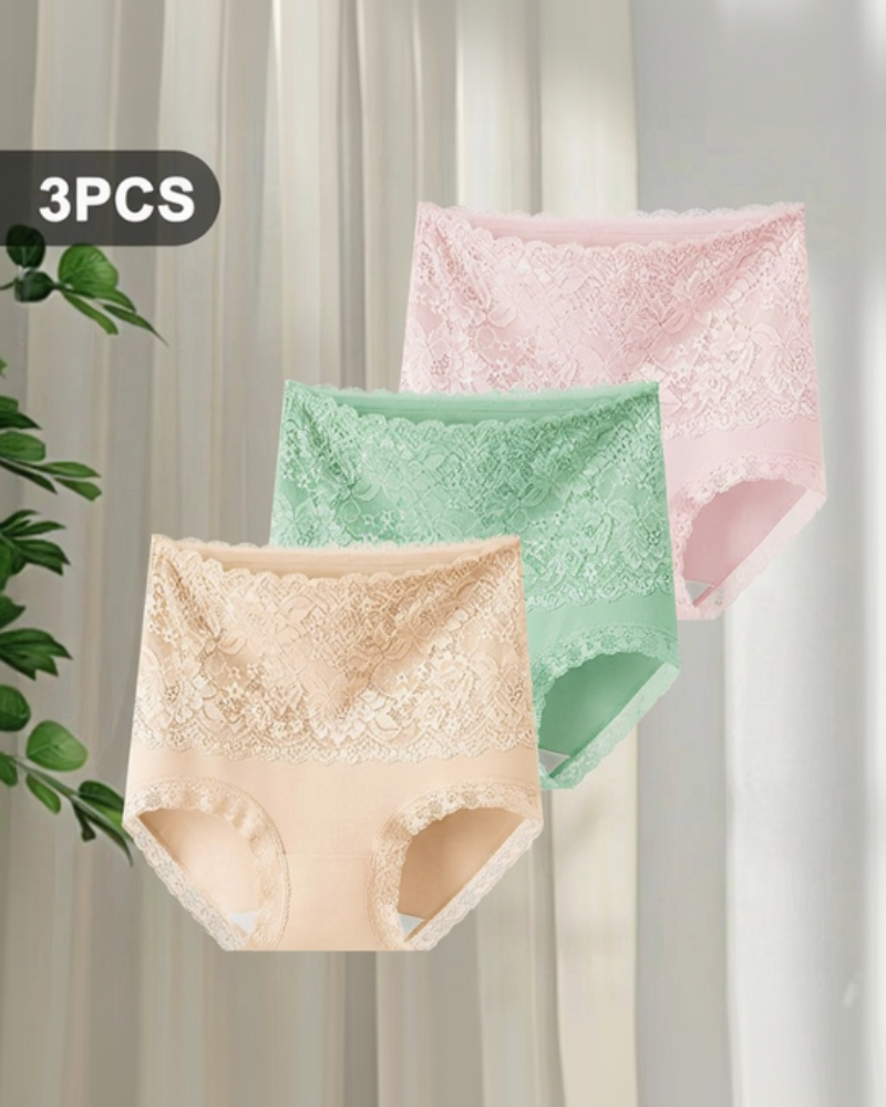Women's Floral Lace High Waist Hip Lifting Cotton Briefs (3 Pack / 6 Pack)-12