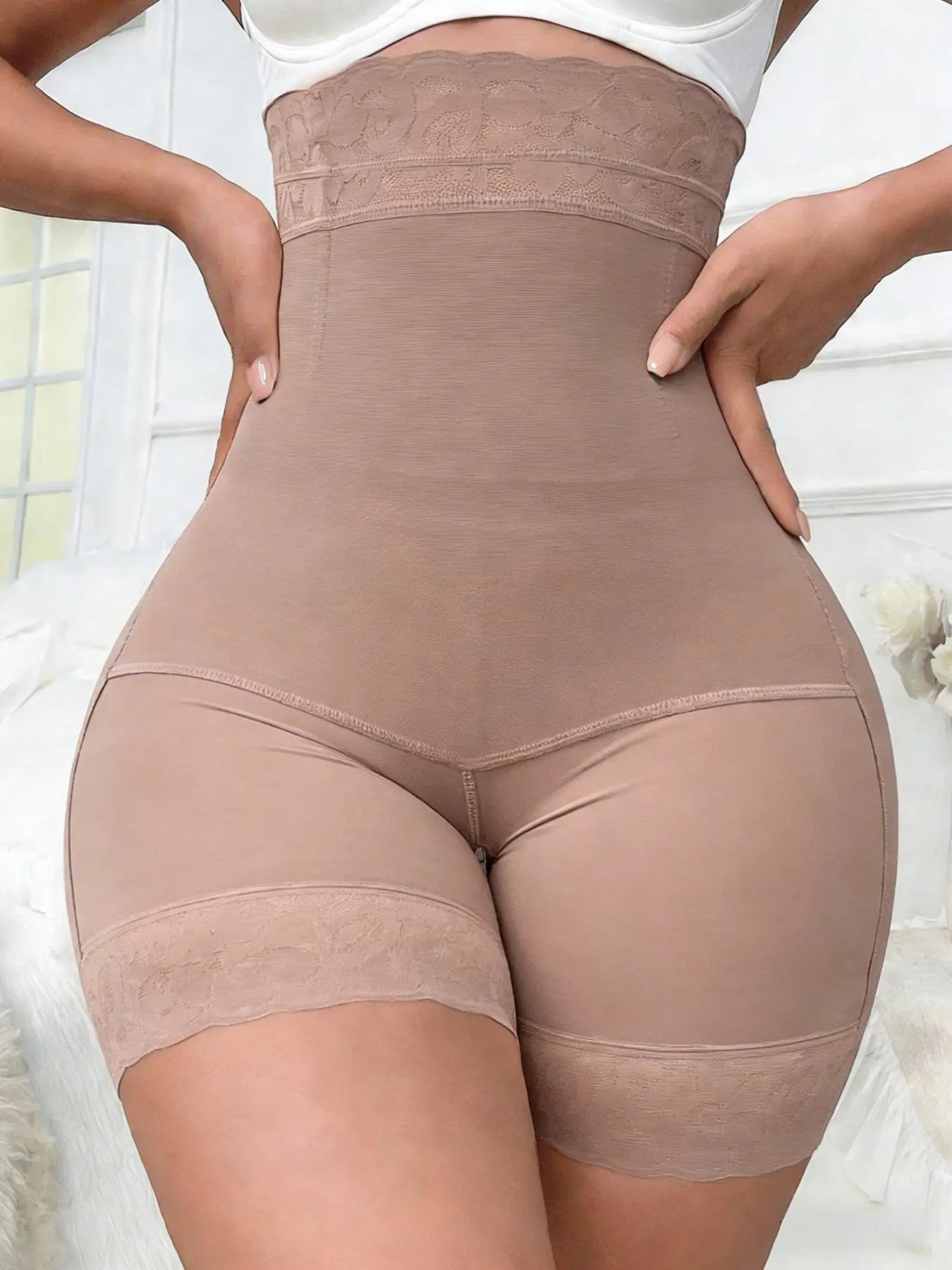 High Waist Tummy Control Shapewear Shorts | Butt Lift Breathable Lace Zipper Shorts-4