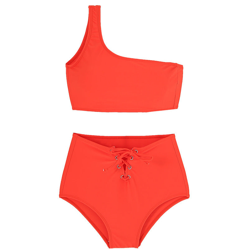 Single Shoulder Separated Bikini Set with Backless Tie-up Design High Waist Tummy Control Swimwear for Women