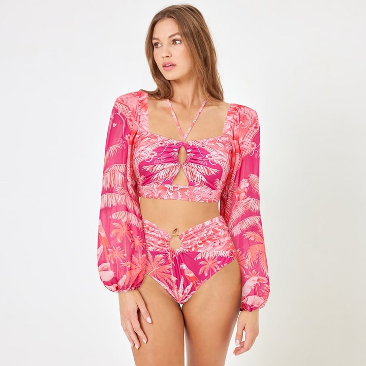 Long Sleeve Halter Swimsuit Women High Waist Slimming Bikini-1