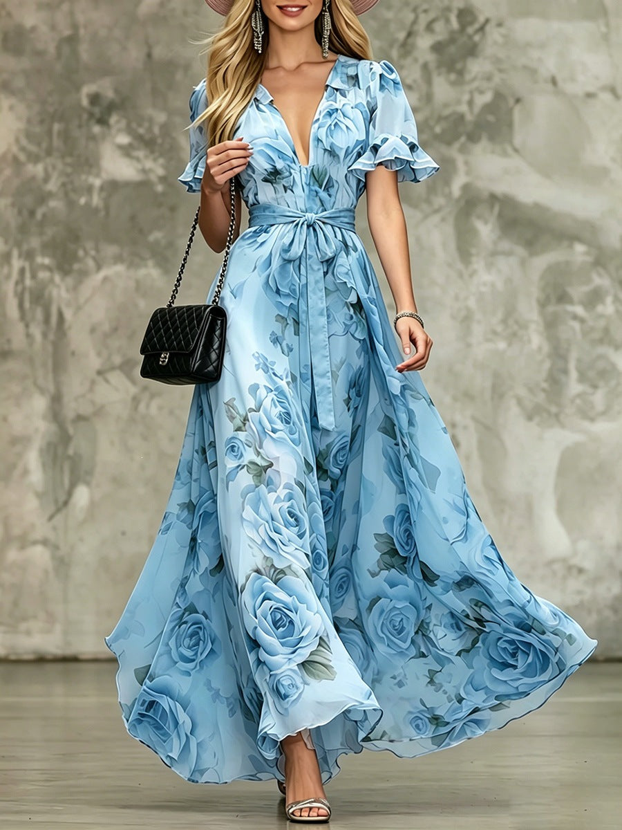 Deep V-neck ruffle sleeve printed dress-6