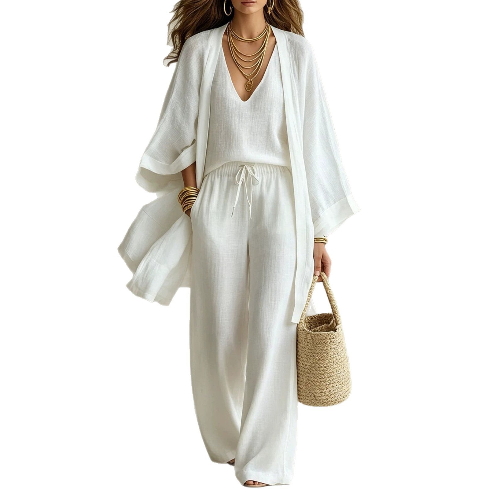 Loose cardigan sleeveless vest long pants three piece set for women-1