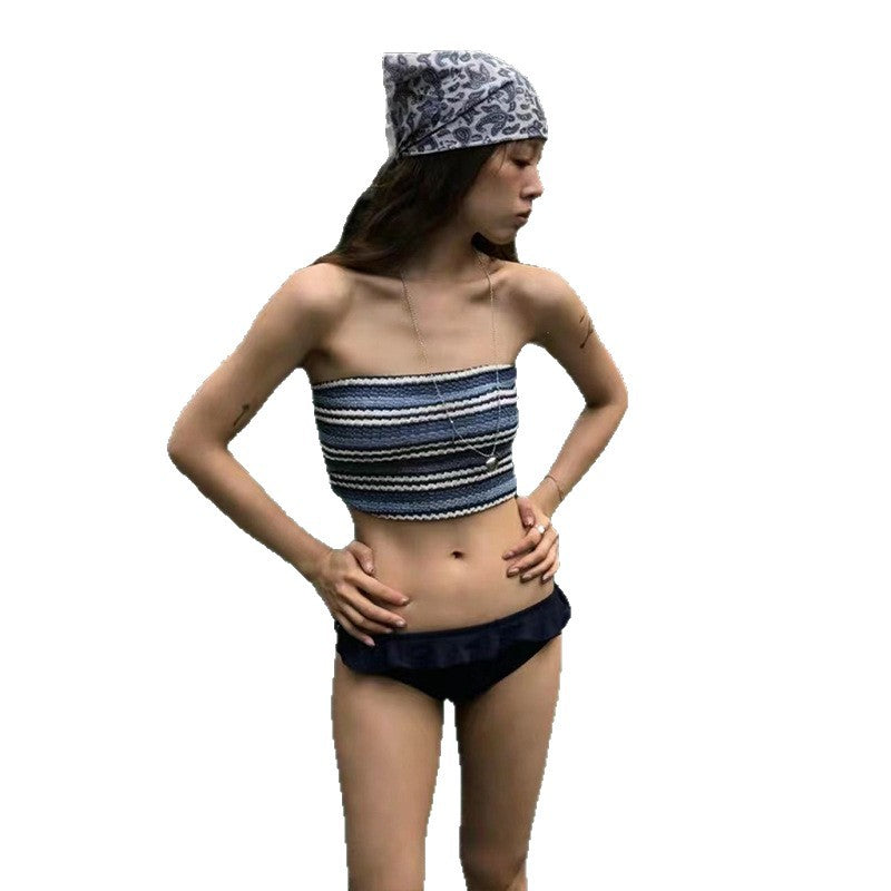 Sensual Stripe Two-Piece Crop Top Swimsuit for Women