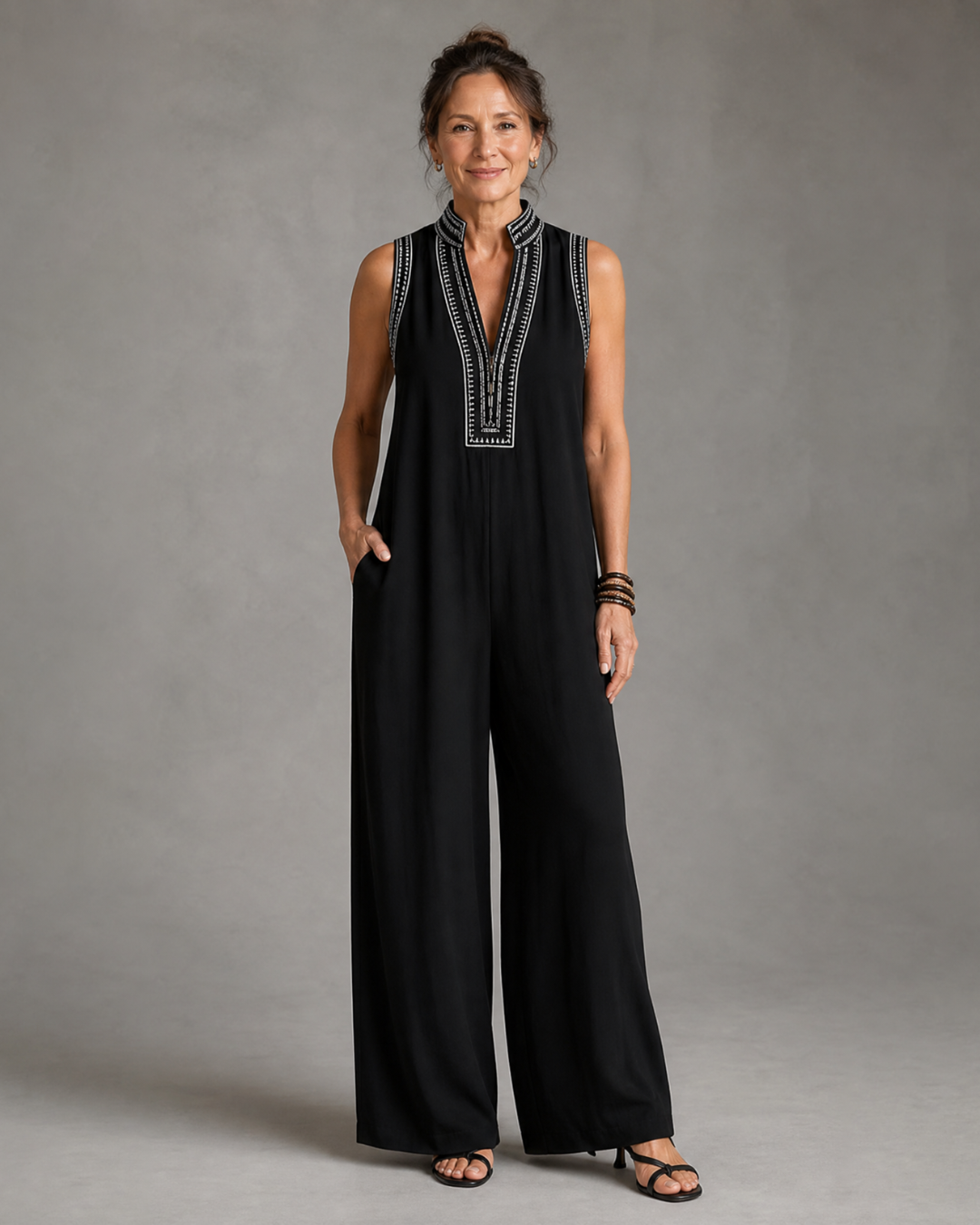Velmira | Embroidered V Neck Sleeveless Wide Leg Jumpsuit-1