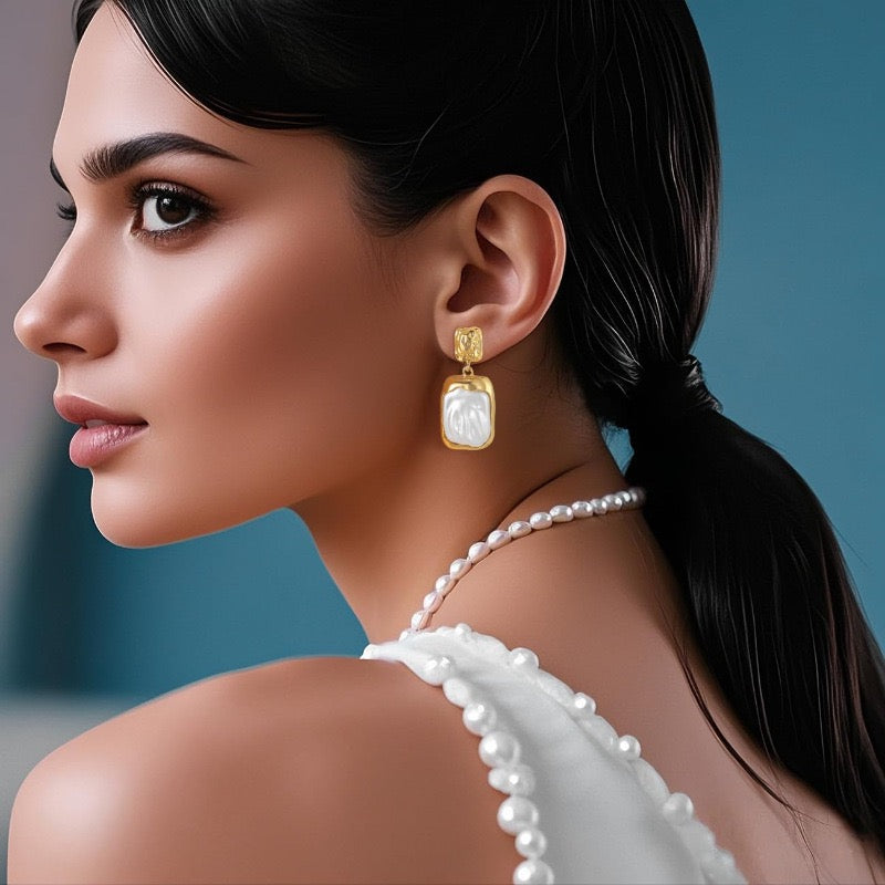 French Vintage Faux Baroque Pearl Dangle Earrings Irregular Texture Pearl Drop Earrings-6