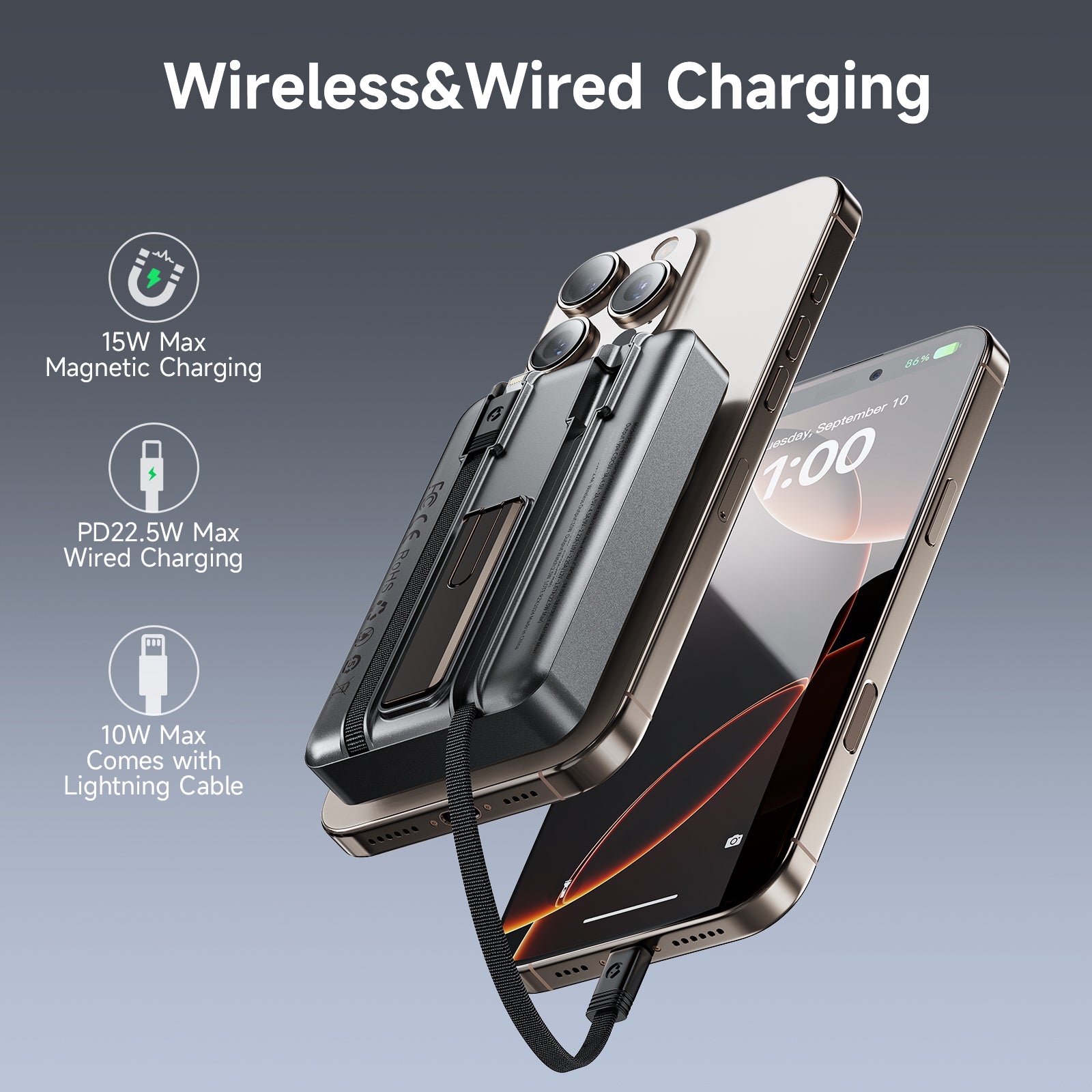 TRUSMI 10000mAh Magnetic Wireless Power Bank with C+L Cable & Kickstand 15W-6