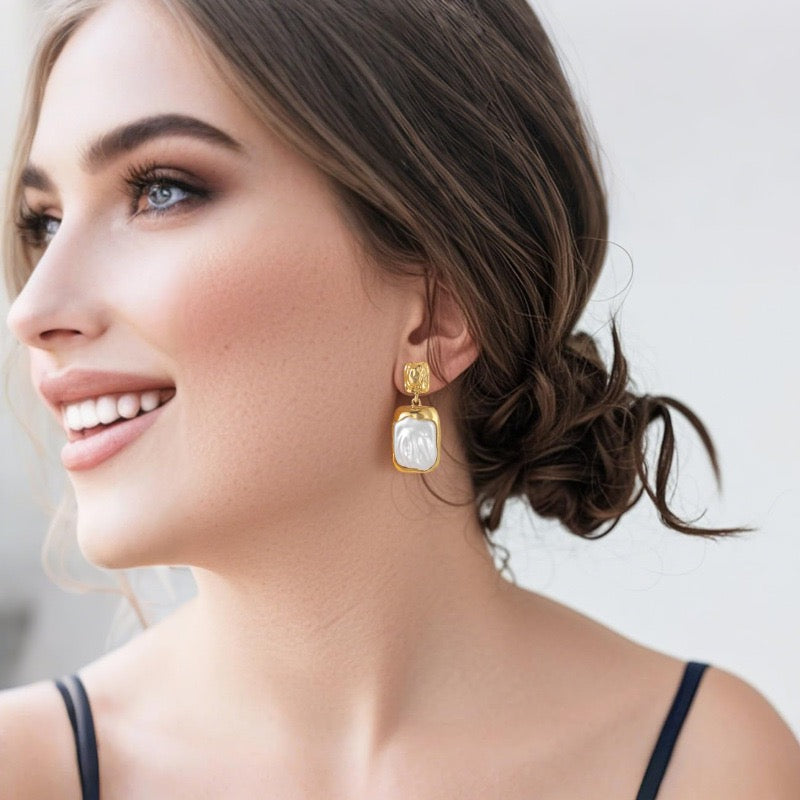 French Vintage Faux Baroque Pearl Dangle Earrings Irregular Texture Pearl Drop Earrings-8