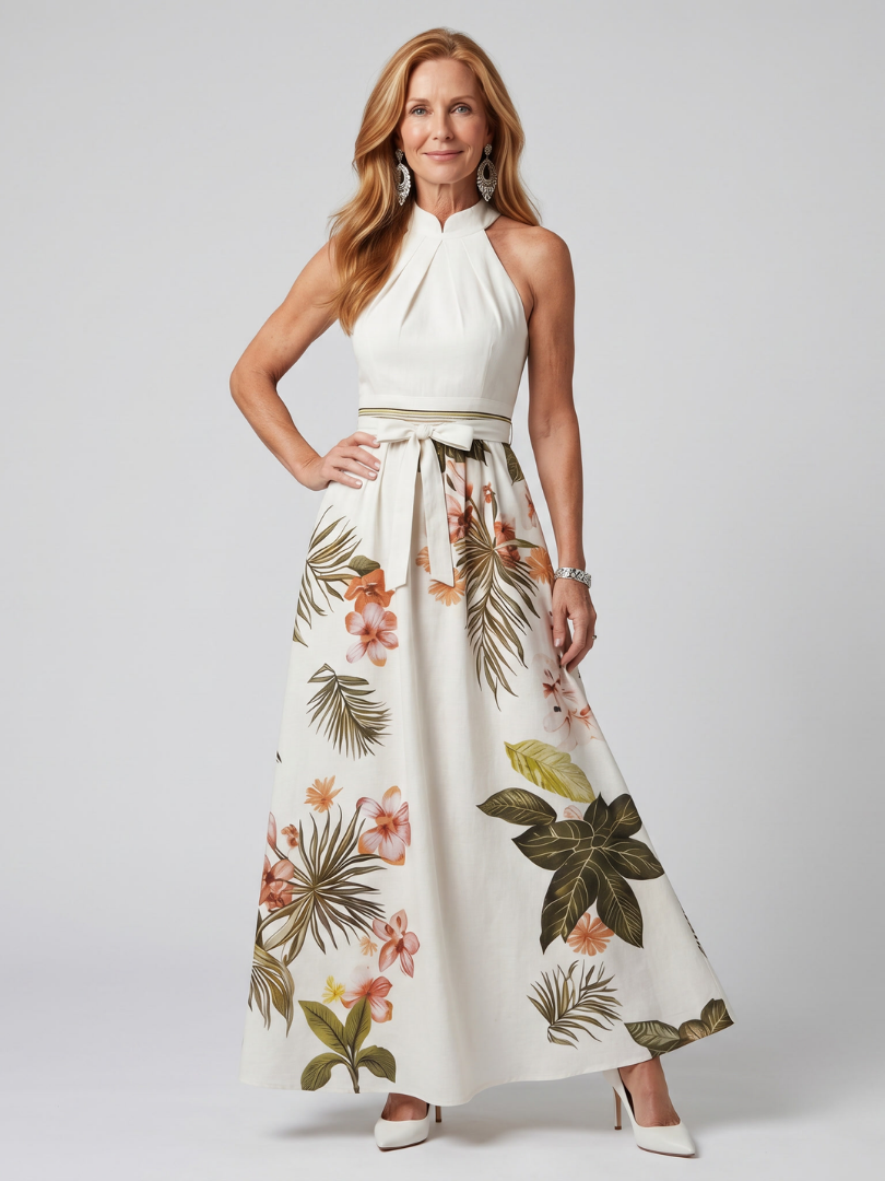 Meadow | Draped Halter Botanical Panel Maxi Dress-1