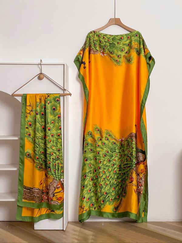 Women's Peacock Print Cape Shawl & Scarf Set – Elegant Beach Swim Cover-Up-8