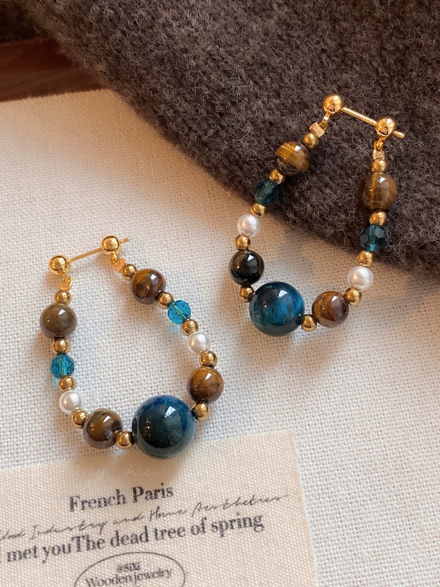 Natural Tiger Eye Beaded Earrings Bohemian Color Block Dangle Earrings-3