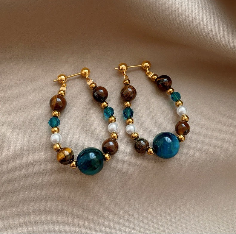 Natural Tiger Eye Beaded Earrings Bohemian Color Block Dangle Earrings-4