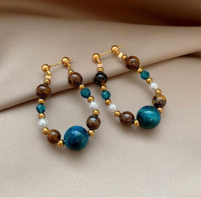 Natural Tiger Eye Beaded Earrings Bohemian Color Block Dangle Earrings