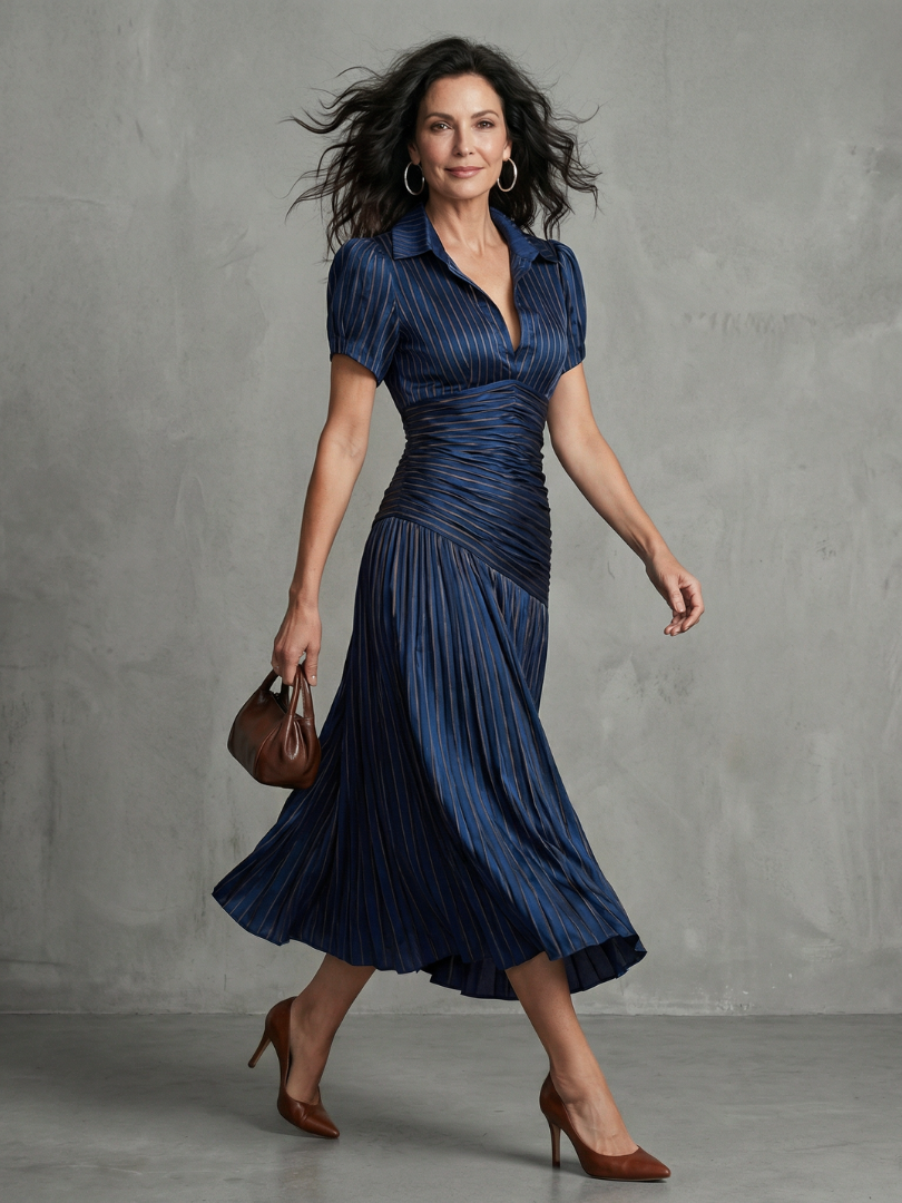 Theodora | Pleated Waistline Stripe Midi Dress-1