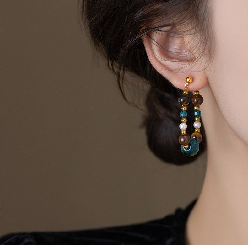 Natural Tiger Eye Beaded Earrings Bohemian Color Block Dangle Earrings-5