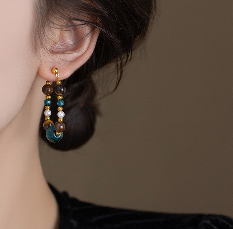 Natural Tiger Eye Beaded Earrings Bohemian Color Block Dangle Earrings-6